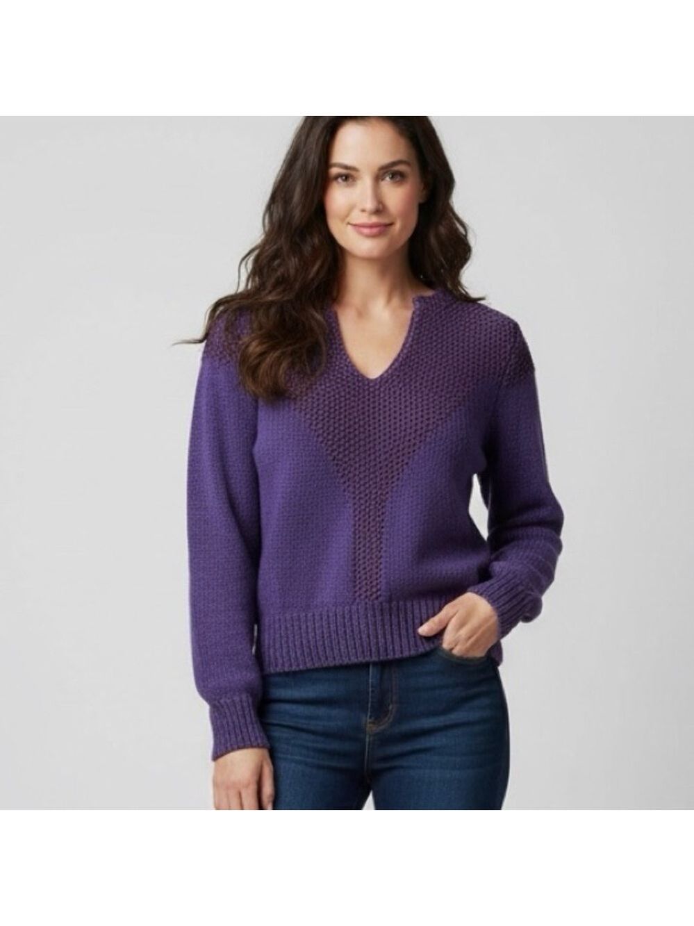 80s Vintage Nannell Purple Violet V-Neck Sweater Woven Size S